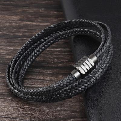 China TRENDY Leather Bracelet Men Fashion Stainless Steel Handmade Magnet Braided Leather Bracelet For Men Jewelry Gift for sale