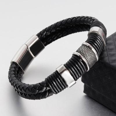 China FASHIONABLE Woven Leather Rope Bracelet Men New Fashion Double-Layer Stainless Steel Clasp Leather Bracelet For Men Jewelry Gift for sale