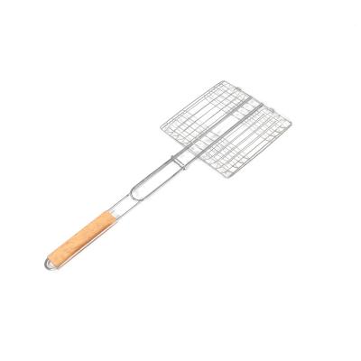 China Heat Resistance Hamburger Handle Steel Wire BBQ Grill Mesh BBQ Vegetable Wooden Basket for sale