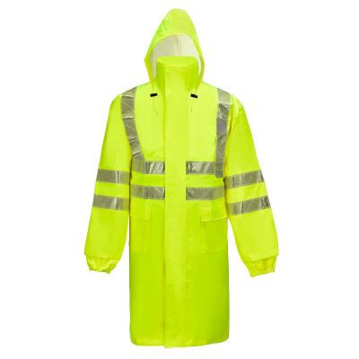 China 100% Polyester 300D Oxford with PU or PVC Coating 190T Taffeta Striping Hi Vis Rain Jacket - Long Reflective Safety Rain Coat for Men and Women - ANSI/ISEA Class 3 for sale