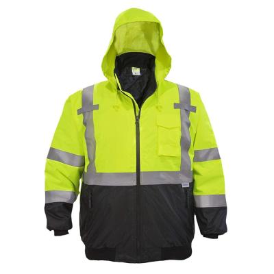 China 100% Polyester 300D Oxford With PU Or PVC Coating 190T Taffeta Striping High Visibility Black Lime ANSI Bottom Safety Reflective Bomber Jacket for sale