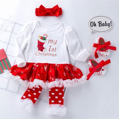 China Washable/Breathable Christmas Baby Outfit Cotton Top+Red Skirts With Snowflake+Socks+Shoes+Hairband 4 Pcs Christmas Ruffle Set Kids Party Clothes for sale