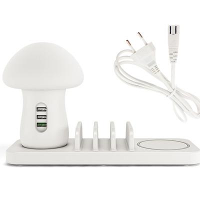 China Multi USB Wireless Charging Station with Mushroom LED Night Lamp 3.0 Multi Ports USB Charger 3.0 Fast Charging Station with Mushroom Desk Lamp and Wireless Charging Stand charger and phone for sale