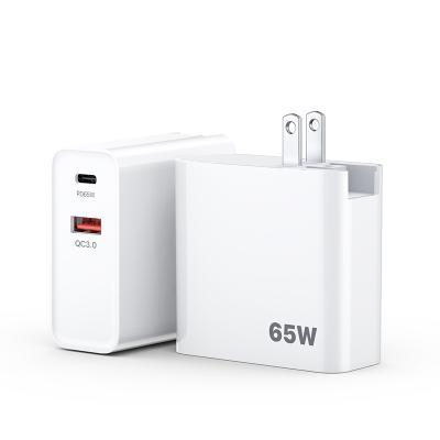 China Type-C Left Mobile Phone 65W 2 Portable Mini Travel Wall Charger With PD Small Folding Foot PD 3.0 High Power GaN Charger Adapter for sale