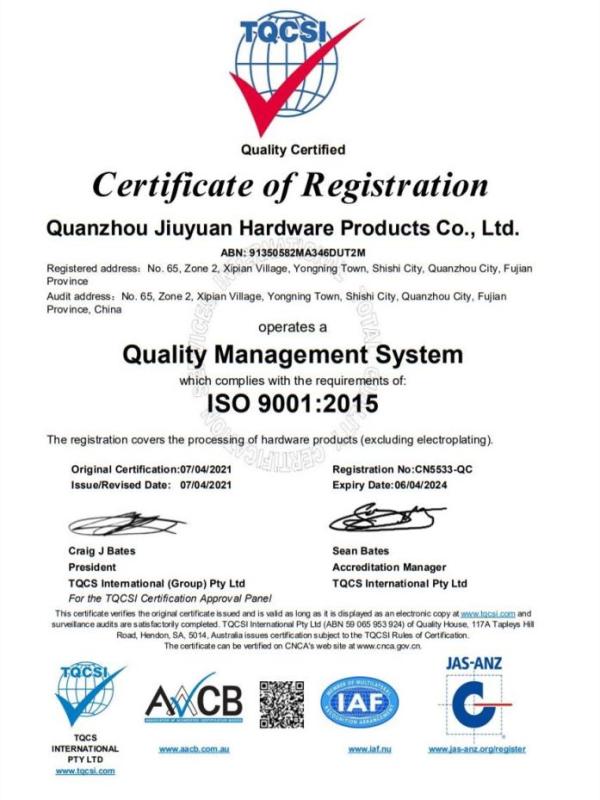 ISO9001 - Quanzhou Jiuyuan Hardware Products Co., Ltd.