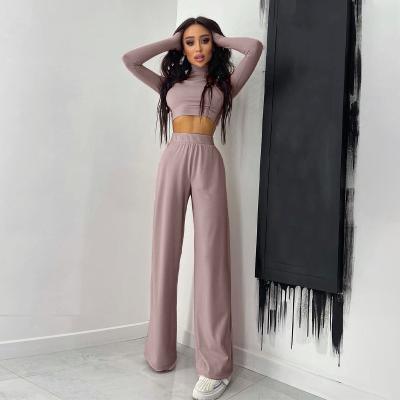 China 2022 New Arrivals Winter Breathable Women Long Sleeve Solid Two Piece Breathable Crop Top Trotter Pants Straight Set for sale