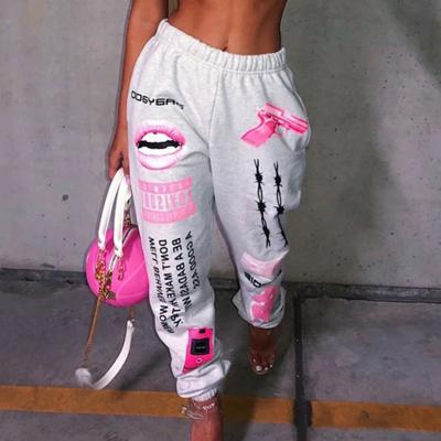 China Hot Selling Fashion QUICK DRY Graffiti Pattern Printed High Waist Loose Elastic Sweat Out Pants For Women for sale