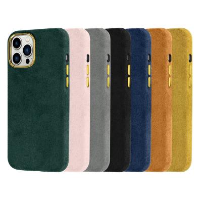 China Luxury Shockproof Fur Plush Leather Fabric Phone Cover With Metal Buttons For iPhone 13 pro 12 max 11 business suede leather phone case for sale