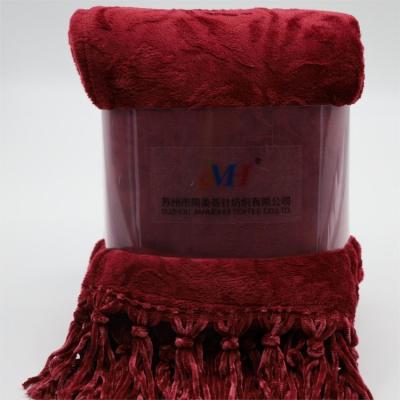 China Soft JMH Custom Design claret 240gsm Flannel Flower Brush Fringe Baby Sofa Decorative Throw Blanket for sale