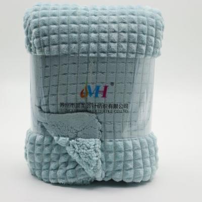 China Soft JMH Custom Design Lake Blue 240GMS Flannel Square Jacquard 2ply King Size Heavy Winter Blanket for sale