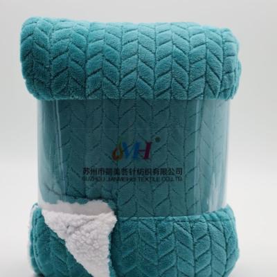 China Soft JMH Custom Design Lake Blue Ear Grain Flannel Jacquard Woven Winter Double Layer Nordic Blanket for sale