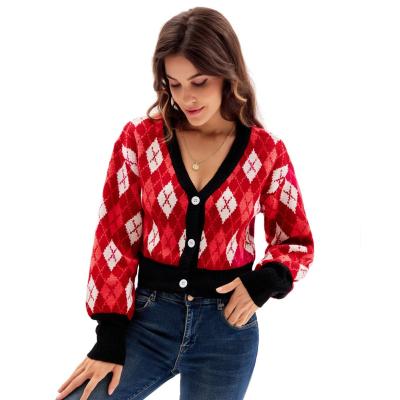 China Breathable OEM Pull Sweater Diamond Knitwear Crop V-Neck Cardigan Women Long Sleeve for sale