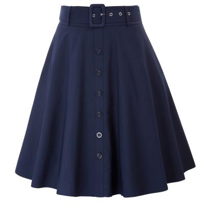 China Plus Size BP000838 OEM Navy Blue Buttons Decorated Flared A Line With Waistband And Pockets Womens Solid Pleated Skirts Faldas for sale