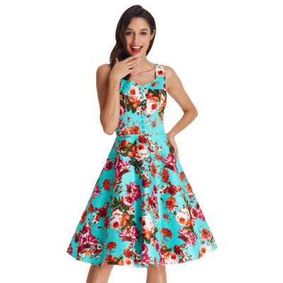 China BP000416 V-neck sleeveless breathable flared floral cotton printed a-line retro vintage dress for sale