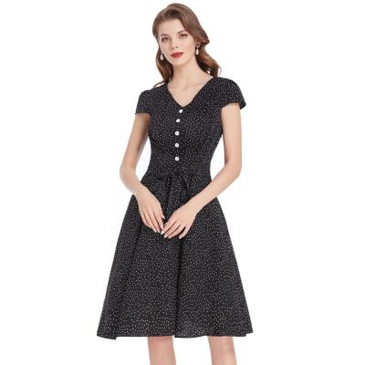 China BPE02002 BP Women's Polka Dots Dress Cap Sleeve Breathable V-Neck Buttoned Belt Decorated Retro Dresses A Line 50s for sale