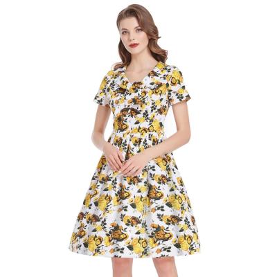 China BPS02119 Viable Women's New 2020 Tie Neck Dress Cotton Short Sleeve Pleated Vintage Floral Pattern Line Printed Dresses for sale