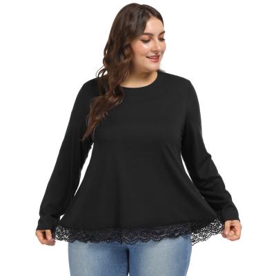 China OEM Breathable Women Plus Size Casual Long Sleeve Lace Crochet Decorated Irregular Edge Tops for sale