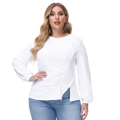 China Viable Lady OEM Front Slit Long Sleeve Crew Neck White Ruched Tops Plus Size T Shirts Women for sale