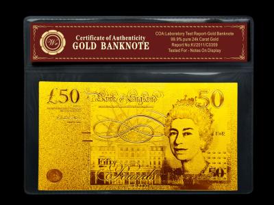 China £50 golpea el billete de banco plateado, dinero extranjero del oro 24K del oro puro 99,9% en venta