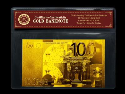 China Double Logo 100 EURO Foil 24k Gold Banknote With PVC Frame + COA for sale