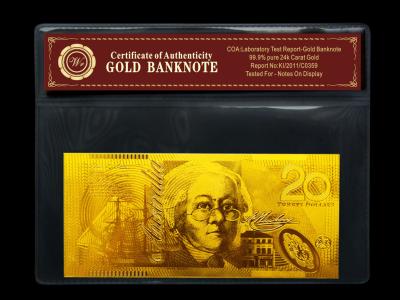 China Nuevo billete de banco del oro del AUD 24K del australiano 20 plateado con el tamaño de 145 * de los 65MM en venta