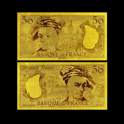 China 24K Gold Plated 50 Franc Gold Foil Banknote Double Logo Design , Value Collection for sale