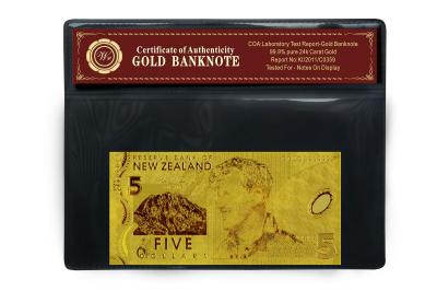 China Custom Made New Zealand 5 Dollars 24k Gold Banknote Plated Gold Foreign Money for sale