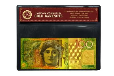 China Corporate Gift New 100 AUD 24K Gold Foil Banknote in Colored With COA Frame for sale