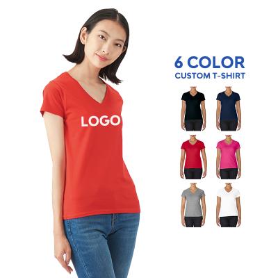 China Wholesale Empty Simple Women's Fitness High Quality Women's V-Shape Anti-Wrinkle V-neck T-shirt Custom Logo 100% Cotton T-shirt for sale