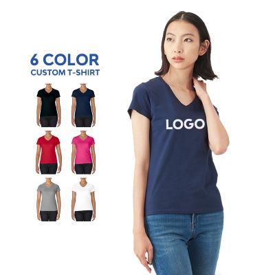 China 100% Cotton Blank Plain Top Tee Women's Short Sleeve T-shirt Wholesale Blank V-Neck Women's T-shirt Anti-wrinkle for sale