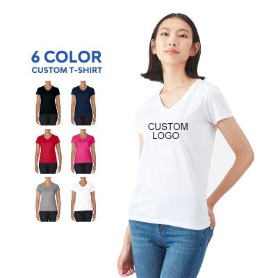 China Wholesale High Quality Women's Anti-Wrinkle Cotton T-shirt Custom Made V-Shape Women's 100% Logo T-Shirt for sale