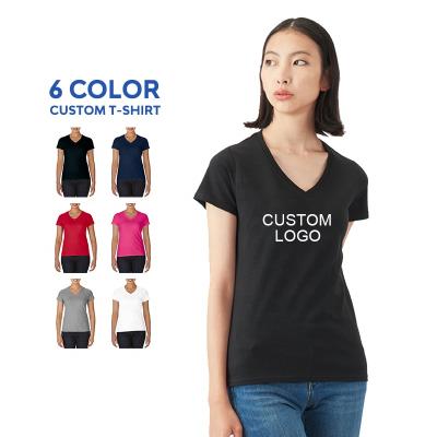 China Wholesale Women's Anti-Wrinkle Women's Fashion 100%cotton T-shirt Cotton White Plain Tee Top V-neck Top Women T-shirt for sale