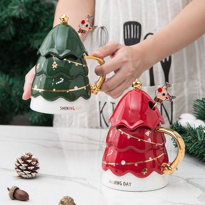 China Viable Wholesale Creative Christmas Tree Feiyou 3D Ceramic Coffee Mugs Mug With Spoon And Lid for sale