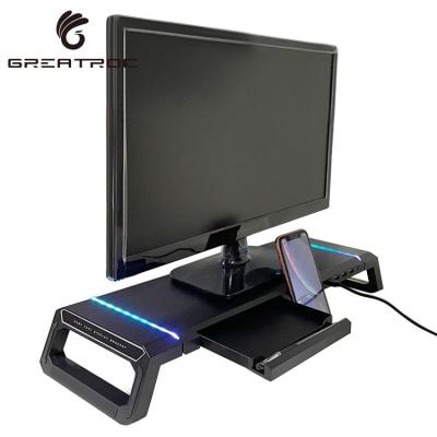 China ABS Large Roc OEM/ODM Soporte Para Monitor With Drawer Phone Holder RGB Light 3 In 1 Computer Laptop Monitor Stand USB Port for sale