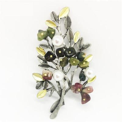 China Luxury Vintage Stone Pin Suit Brooch Costume Tree Flower Fashionable Natural Enamel Brooch Pin For Women for sale