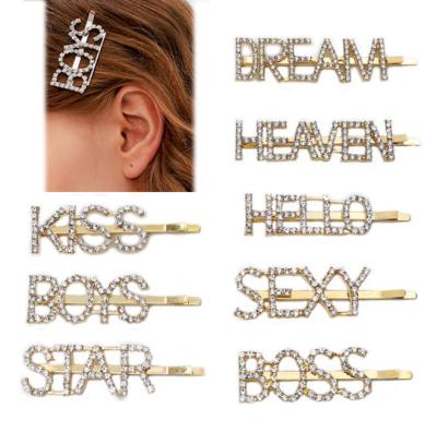 China Fashionable Personalized Gold Rhinestone Hair Clip HEAVEN DREAM English Letter Crystal Hair Clip HELLO for sale