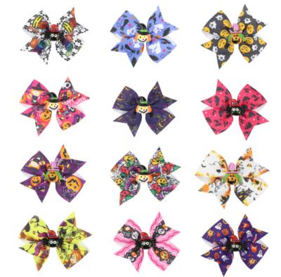 China Fashionable Halloween Bow Hair Clips Fabric Pumpkin Witch Bats Variety Kids Bows Cloth Hair Clips for sale