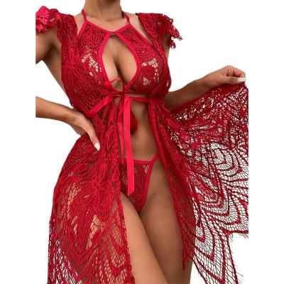 China Sexy Beachwear Mesh Sleepwear Vintage Robe Summer New Style Breathable Lace Long Robe Bathrobe For Women for sale