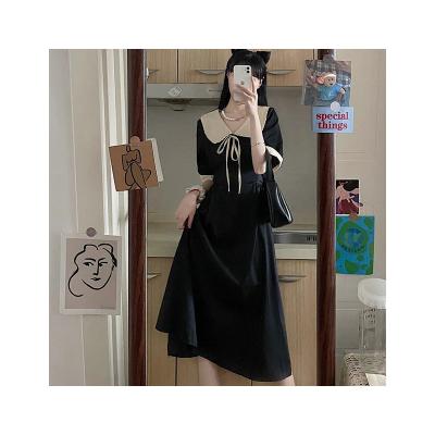 China Anti-wrinkle Lace Collar Black Midi Dress Women French Vintage Princess Dress 2022 Elegant Fairy Fashion for sale