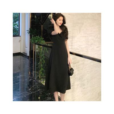 China 2022 summer new temperament retro small square French backless collar French waist anti-wrinkle black dress for sale