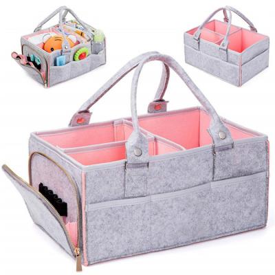 China Eco-freindly 2021 Wholesale Soft Portable Detachable Large Zipper Diaper Bag Gray Pink Baby Felt Diaper Cart Bag for sale