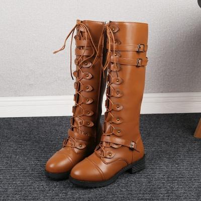 China Durable women 2020 new knight boots autumn and winter head belt buckle strap boots flat round cross women for sale