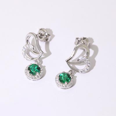 China 925 Sterling Silver Popular Long Dangling Heart Earrings With Round Green Ear Studs for sale