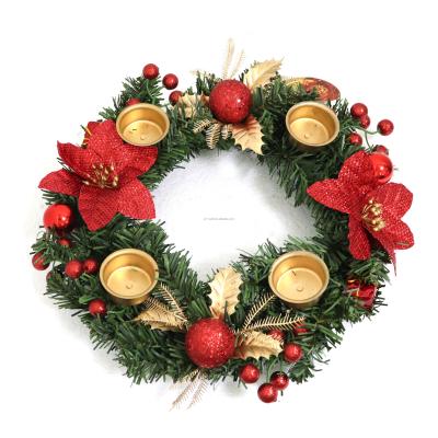 China Hot Selling Party/Home Ornament/Festival Decoration 28cm PVC Christmas Candle Holder Garland With Berry Red Poinsettia Candle Holder Table Decor for sale