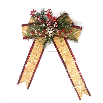 China Christmas Party Gold Holiday Decoration Tall Linen Bowknot Bow Ornament Ribbon Bowknot with Pine Needle and Red Berry for sale