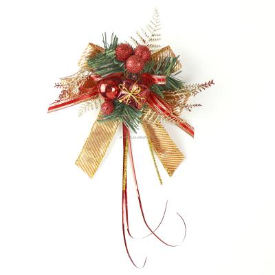 China Wholesale Christmas Small Gold Red Bowknot With Berry Bow Basket Decor Red Bowknot Christmas Festival Decor Ribbon With PVC Green Leaves for sale