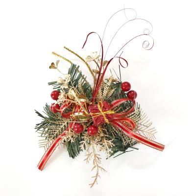 China PVC Handmade Christmas Bowknot 15CM Artificial Red Ribbon Bow With Plastic Pinecone Basket Ornament Bow With Gold Leaves for sale