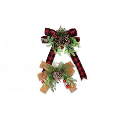 China Hot sale Christmas bow holiday decoration canvas fabric with pine cones and red berries basket decoration bow Christmas decoration for sale