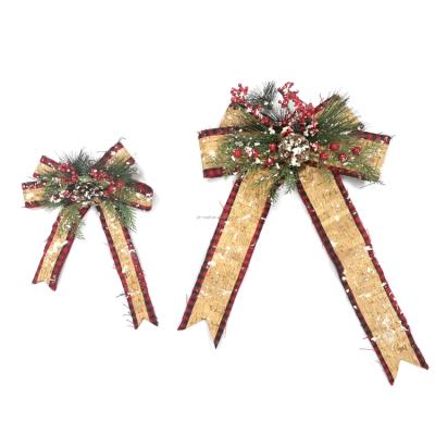 China Large Linen Bow Decoration Basket Tree Decoration Christmas Party Holiday Ribbon Bow with Needles Berry Golden Bow Pine Red for sale