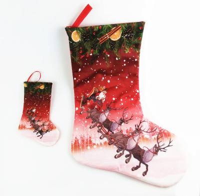 China Fabric Customized Pattern Christmas Colorful Drawing Stockings Printed Santa Art Pattern Big Stocking Cloth Fabric Hanging Christmas Decor for sale